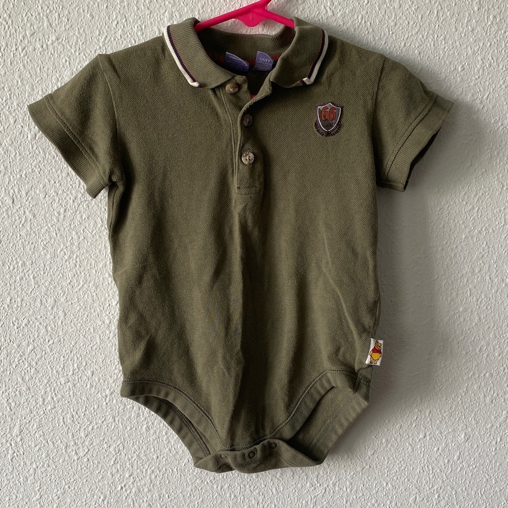 Vintage Disney Olive Green Winnie the Pooh Hooded Bodysuit with Red Trim